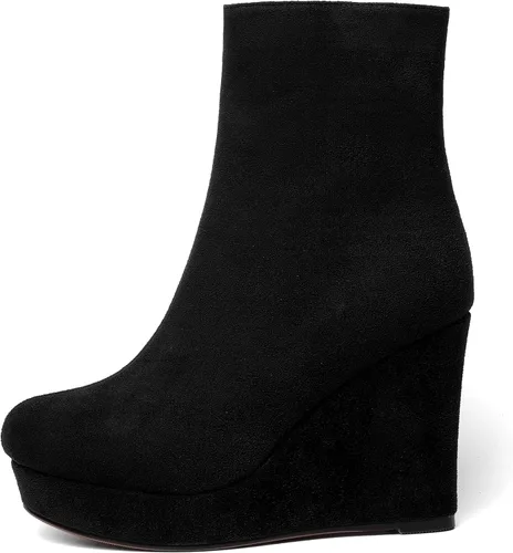 Miniatura 2 de AMBELIGHT Botas de cuña de gamuza con punta redonda para mujer, con cremallera, plataforma de moda, tacón alto, 4 pulgadas