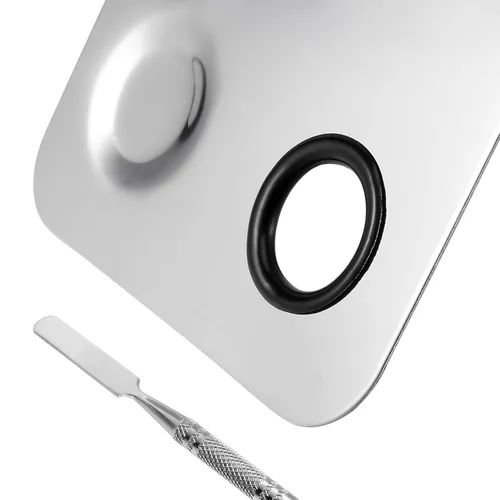 Miniatura 4 de SEUNMUK Paquete de 6 paletas de cosméticos de acero inoxidable de 6 x 4 pulgadas con espátula, paleta de maquillaje de 3 pocillos, bandeja de metal