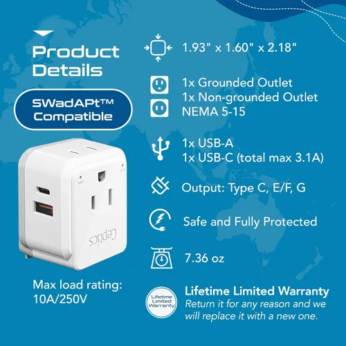Miniatura 4 de Ceptics Juego de adaptadores de viaje de enchufe europeo, 20 W PD y control de calidad, USB dual seguro y USB-C - 2 enchufes de EE. UU. - Compacto