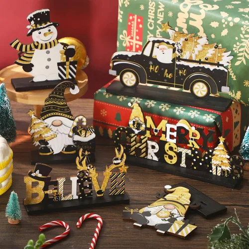 Miniatura 4 de Capoda 6 piezas de decoración de mesa de Navidad, centros de mesa de Navidad de madera, muñeco de nieve, Papá Noel, gnomo, letreros de Feliz