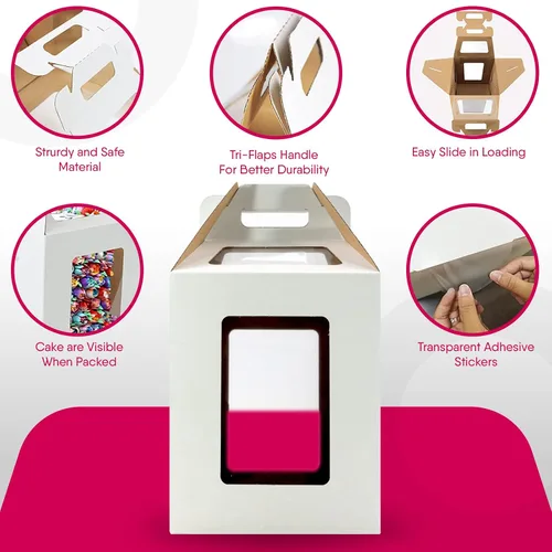 Miniatura 3 de Paquete de 4 cajas altas de tres asas para pasteles con ventanas en 2 tamaños de 10 x 10 x 12 y 12 x 12 x 14 + 4 tablas de pastel de 10 y 12