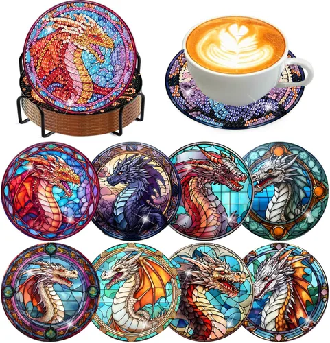 Miniatura 17 de Meothan Juego de 8 posavasos de arte de diamante para adultos con soporte, almohadillas de corcho, posavasos de arte de puntos de diamante de vidrio