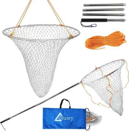 Miniatura 9 de Drasry Red de pesca grande plegable para puente y muelle, red de aterrizaje con caña, anillo de goteo de aluminio de alta carga para pesca en muelle