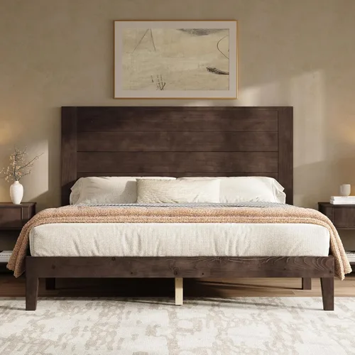 AMERLIFE Base de cama tamaño Queen con cabecera de 48 pulgadas de alto, cama de plataforma de madera maciza moderna de mediados de siglo con sistema