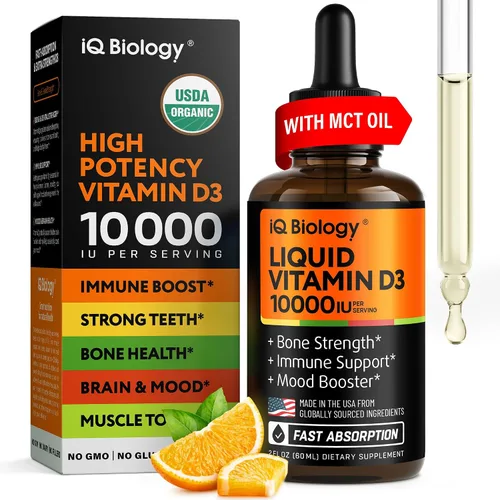 Vitamina líquida D3 10000 UI (250 mcg) – Gotas de vitamina D orgánica USDA para adultos y niños – Vit D3 con aceite MCT para una mejor absorción –