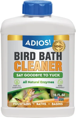ADIOS! Limpiador de baño para pájaros para fuentes y cuencos al aire libre, limpia de forma segura metal, vidrio y piedra (16 onzas)