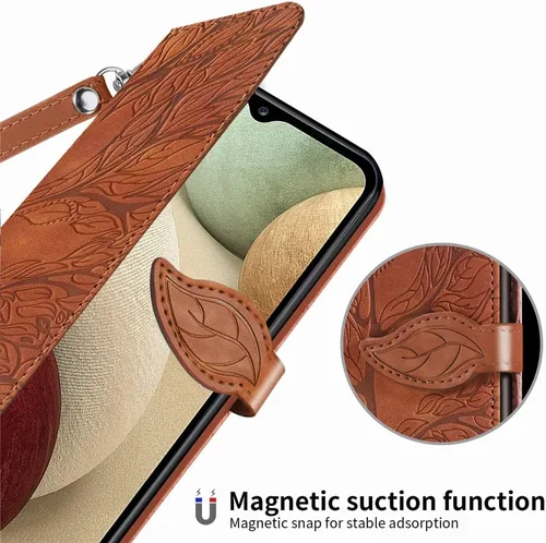 Miniatura 4 de Funda tipo cartera para Samsung Galaxy A13, piel sintética de alta calidad con diseño de árbol en relieve, función atril, ranuras para tarjetas