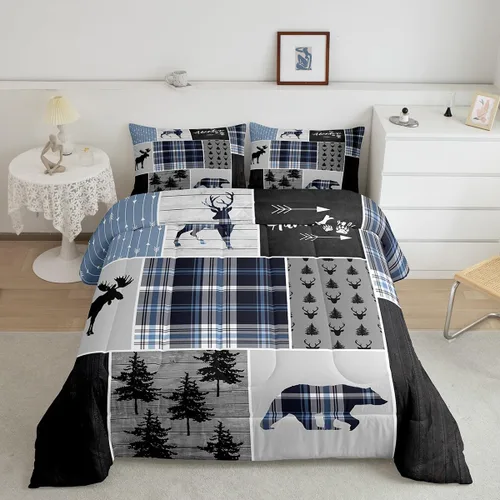 Miniatura 5 de Juego de edredón individual de aventura rústica para niños, juego de ropa de cama navideña de ciervos, osos y pinos para niños y adultos, decoración