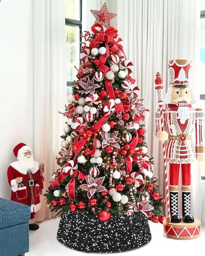 Miniatura 6 de FUHSY Collar Negro de Árbol de Navidad de 24 Pulgadas, Falda de Árbol de Navidad con Lentejuelas, Terciopelo Metálico, Falda de Árbol de Halloween