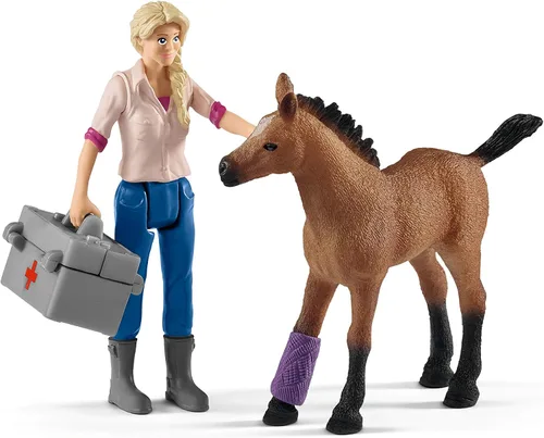 Miniatura 7 de Schleich Farm World - Juego de 9 piezas de visita veterinaria con figuras de cerdito, yegua y potro, juego detallado y duradero, juego divertido