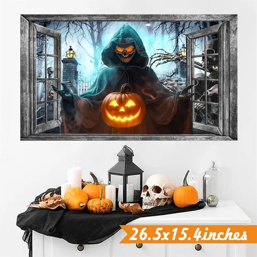 Miniatura 6 de Decoración de pared de Halloween, calcomanías de Halloween 3D para ventana falsa, despegar y pegar, calabazas, esqueleto, murales artísticos