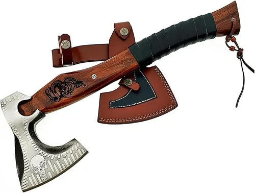 Dessi Hacha Viking Hacha de acero al carbono grabado hoja hacha Tomahawk mango de madera de nogal dragón grabado envuelto agarre funda de cuero