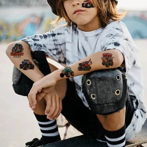 Miniatura 5 de CHARLENT Tatuajes temporales de Monster Truck para niños, suministros de fiesta – 74 hojas individuales de tatuajes de camión monstruo para niños