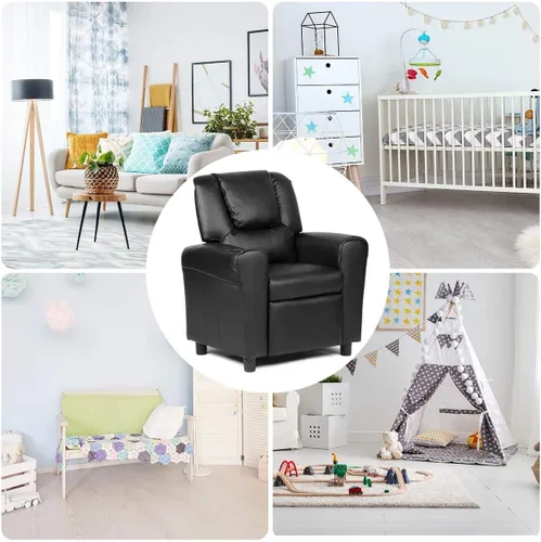 Miniatura 8 de ARLIME Silla reclinable para niños, sillón tapizado con soporte para tazas, respaldo, sofá de cuero para bebé con reposacabezas y reposapiés, Negro