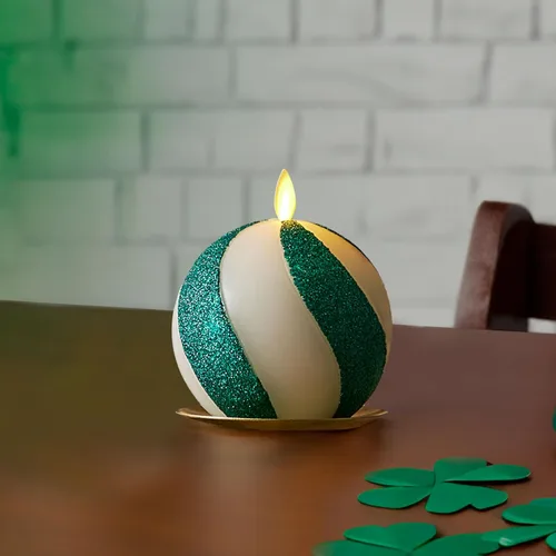 Luminara - Vela de esfera de cuentas de cristal sin llama con purpurina para las fiestas - Bastón de caramelo verde - Paquete de 1 - 4x4.25 -