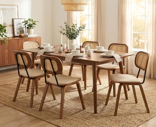 Miniatura 12 de Ya-Home Mid-Century - Juego de 2 sillas de comedor con respaldo de caña de ratán, asiento tapizado de piel sintética, patas de metal negro, sillas