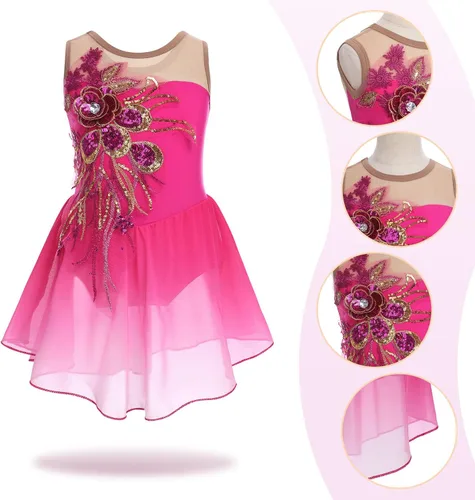 Miniatura 3 de Vestido de patinaje artístico para niñas, vestido de patinaje sobre hielo de malla de flores de lentejuelas, vestido de leotardo de ballet