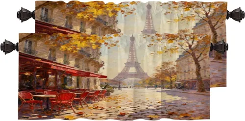 Miniatura 13 de Cortinas opacas de cocina con pintura al óleo de Europa rosa y negra para ventanas, cenefas opacas modernas de torre Eiffel de poliéster multicapa
