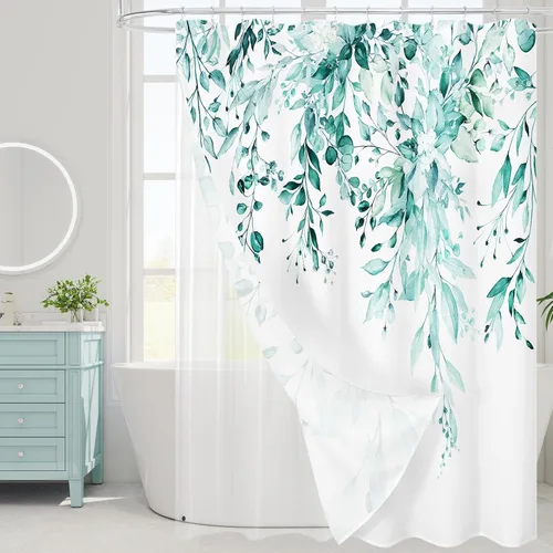 Miniatura 48 de Gibelle - Cortina de ducha de eucalipto marrón, hojas de plantas de acuarela con diseño floral, juego de cortina de ducha con ganchos, 72 x 72