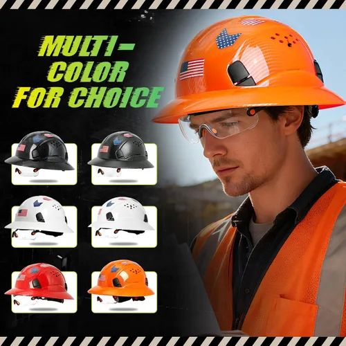Miniatura 9 de Casco duro de ala completa con patrón de fibra de carbono con visera, casco de seguridad de construcción aprobado por la OSHA para hombres y Fibra
