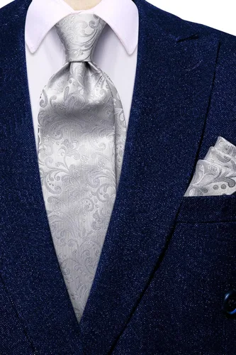 Miniatura 20 de Hi-Tie Corbatas de seda para hombre, diseño de cachemira a rayas, con bolsillo, gemelos cuadrados, conjunto formal de negocios