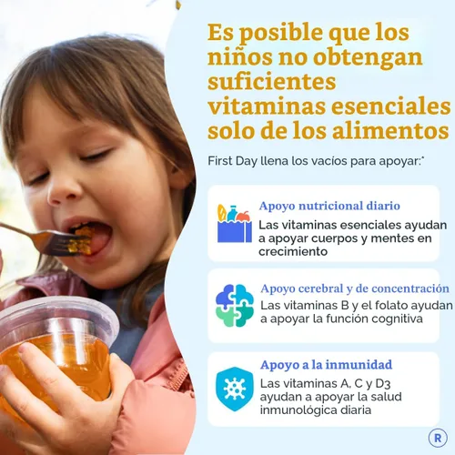 Miniatura 2 de FIRST DAY Gomitas multivitamínicas para niños a partir de 4 años, sabor a fresa y naranja - Vitaminas para niños, multivitamínicas gomosas A C D3 K2