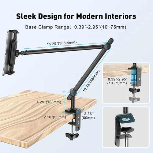 Miniatura 6 de AboveTEK Soporte para Tablet para Escritorio y Cama, Brazo de Aluminio para iPad con Abrazadera Giratoria de 360°, Soporte para Teléfono Ajustable