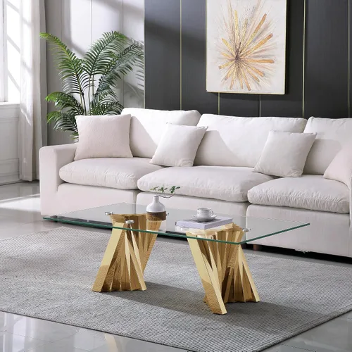 Miniatura 208 de Mesa de centro de cristal de lujo, mesa de centro de sofá de 47 pulgadas con marco de acero inoxidable dorado y parte superior de vidrio negro, mesa