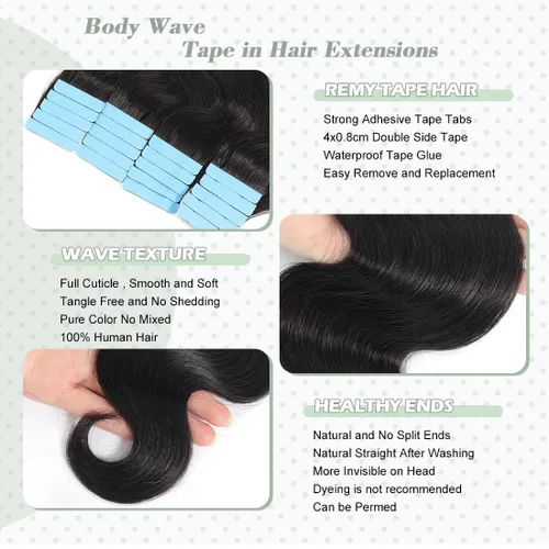 Miniatura 2 de Urbeauty 40 extensiones de cabello con cinta adhesiva, negro, ondulado, invisible, 100% cabello humano real, 3.53 oz/paquete, color negro natural