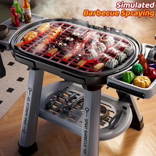 Miniatura 5 de Juego de parrilla para niños pequeños de 3 a 5 años, juguete de cocina de barbacoa al aire libre de 2 capas con humo, luces y sonidos, juego