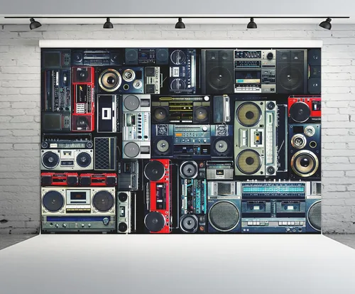 Miniatura 2 de Telón de fondo vintage de los años 80 de 7 x 5 pies, pared retro llena de radio Boombox de los 80 estilo fondo para amplificador antiguo de video