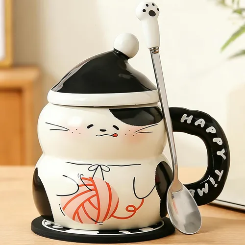 Miniatura 13 de Disoza Taza de Gato con Tapa Regalo de Gato Taza de Té de Cerámica con Cuchara Taza de Té de Café 400 ML Taza de Navidad Regalo de Cumpleaños