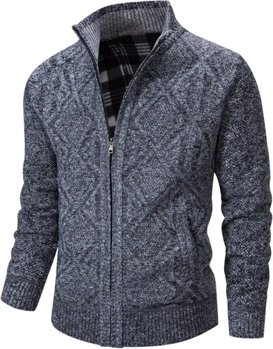 Miniatura 37 de VtuAOL Suéteres tipo cárdigan para hombre, con cremallera completa, cuello alto, cárdigan de punto casual con bolsillos