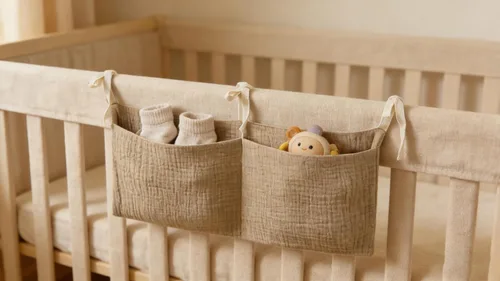Miniatura 5 de Bolsa colgante de cabecera para guardar biberones y mantas de leche para bebés - Bolsa organizadora de cama plegable para pañales para bebés - Marrón