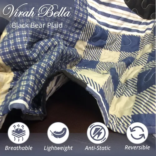 Miniatura 2 de Virah Bella Juego de ropa de cama de 3 piezas tamaño Queen Lodge - A cuadros con oso negro - Juego de edredón reversible rústico para cabaña