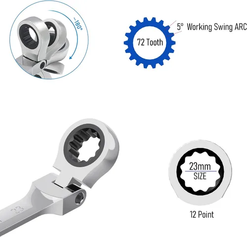 Miniatura 3 de Llave combinada de trinquete de cabeza flexible de 0.906 in, métrica, 72 dientes, caja de trinquete de 12 puntos y herramientas de llave de extremo