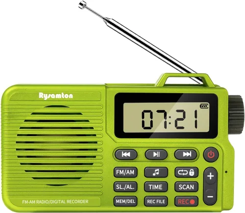Radio AM/FM portátil, grabadora de radio digital, altavoz Bluetooth 5.0, función de alarma y sueño, pantalla de hora de 12/24 horas (amarillo verde)