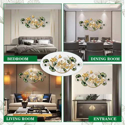 Miniatura 7 de Reloj de pared grande, reloj de pared decorativo de hoja de ginkgo único, decoración de pared de flor de metal dorado de lujo, reloj silencioso