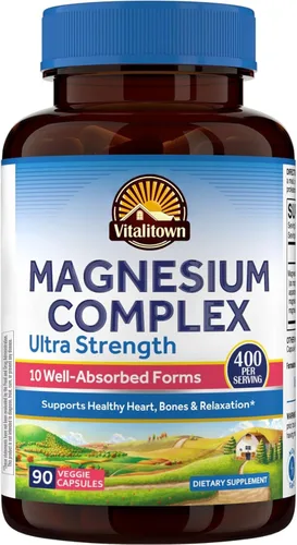 Vitalitown Suplemento de Complejo de Magnesio 10 en 1 - 400mg de Magnesio Elemental Quelado con Glicinato, Citrato, Malato, Taurato y Más - para el