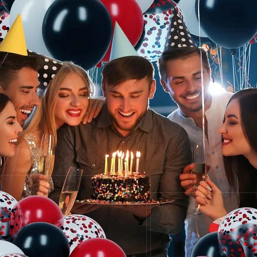 Miniatura 5 de RUBFAC 65 piezas de globos de 12 pulgadas, kit de globos rojos, negros y blancos con confeti y cintas para cumpleaños, bodas, baby shower, Negro