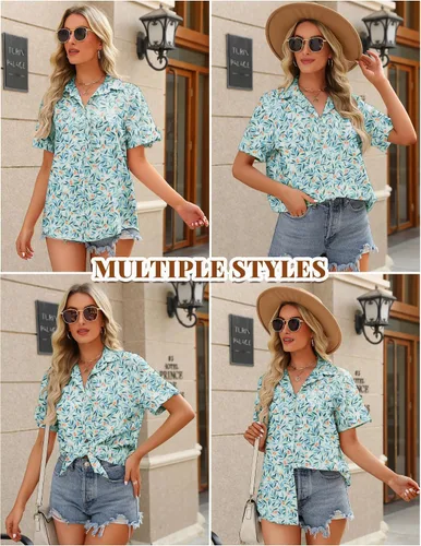 Miniatura 2 de HOTOUCH Camisa con botones para mujer, de algodón, de manga corta, cuello en V, con botones, para verano y playa