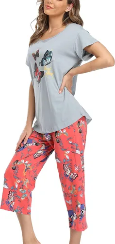 Miniatura 3 de ENJOYNIGHT - Conjunto de pijama de algodón para mujer, pijama de manga corta y pantalones capri, ropa de dormir de 2 piezas