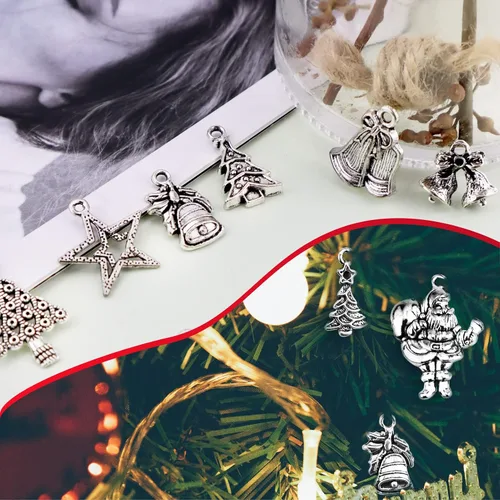 Miniatura 5 de JIALEEY Dijes de Navidad, Lotes al por mayor a granel Dijes de Navidad mezclados con colgantes de plata tibetana y metal para hacer joyas