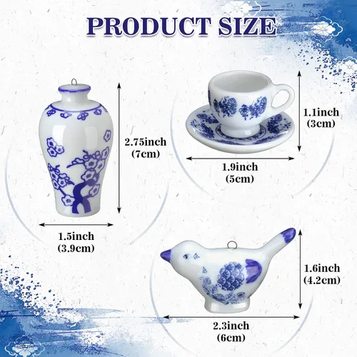 Miniatura 2 de Funtery Adornos de porcelana azul y blanca de 9 piezas, colgantes colgantes de calabaza de otoño de Chinoiserie, adornos de cerámica para árbol
