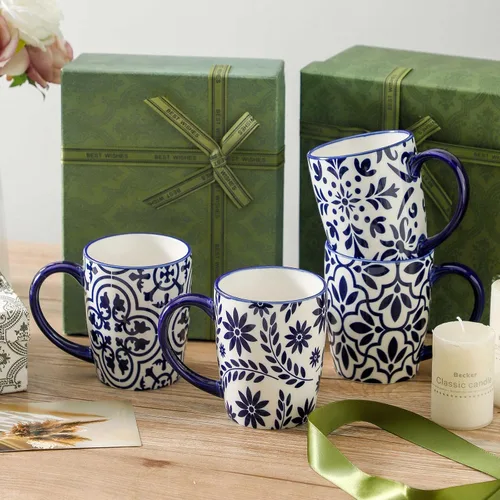Miniatura 7 de HASENSE 15OZ Coffee Mugs, Ceramic Coffee Mugs Set of 4 with Handle, Coffee Cups Ceramic with Blue and White Floral Patterns, Porcelain Mug Set for