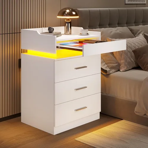 Miniatura 10 de HAUOMS Mesita de noche grande con estación de carga y luz LED, mesa auxiliar con 3 cajones y estante extraíble, mesita de noche con puertos USB