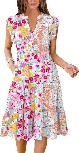 Miniatura 28 de ANRABESS Vestido de verano para mujer, manga con volantes, cuello en V, vestido midi a la moda, casual, holgado, escalonado, bohemio, playa