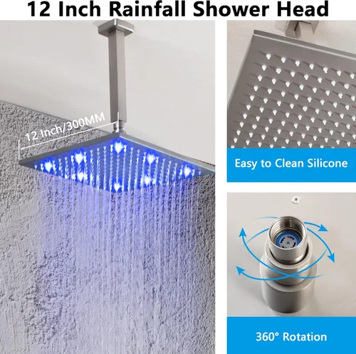 Miniatura 5 de SKOWLL Juego de grifo para el cuerpo de ducha, cabezal de ducha LED de 12 pulgadas, 6 chorros de pulverización de cuerpo, juegos de sistema de ducha