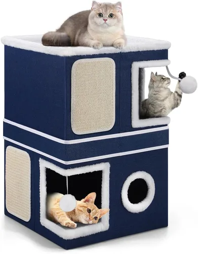 Miniatura 14 de Casa de Gato de 2 Pisos para Gatos de Interior, Separable en 2 Grandes Camas de Gato Cueva con Condominios Escondidos, Almohadillas para Rascar