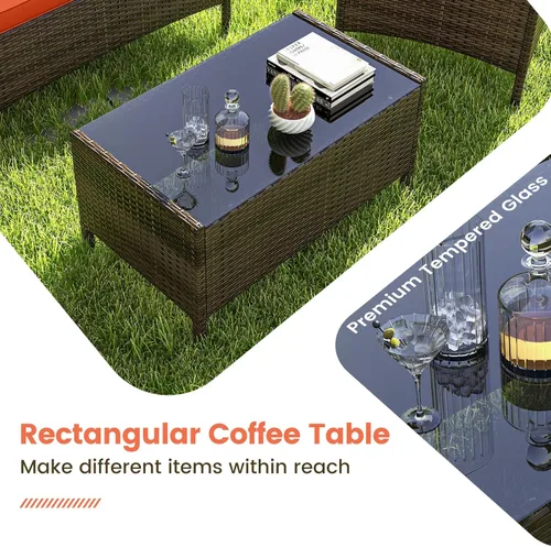 Miniatura 6 de RELAX4LIFE Juego de muebles de patio de 4 piezas – Juego de muebles de ratán para conversación al aire libre con cojines, mesa de centro de cristal